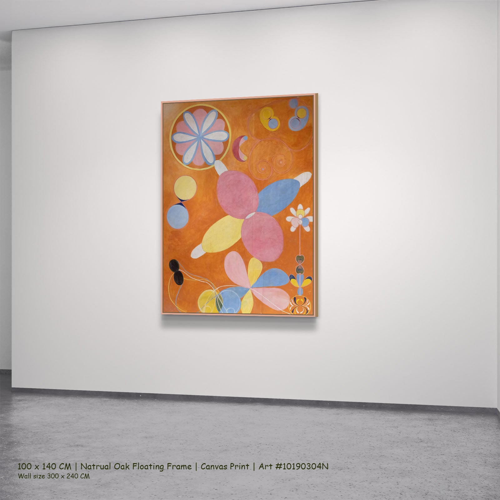 The Ten Largest, No. 4, Youth by Hilma af Klint in a natural oak floating frame, large orange and pink Abstract canvas