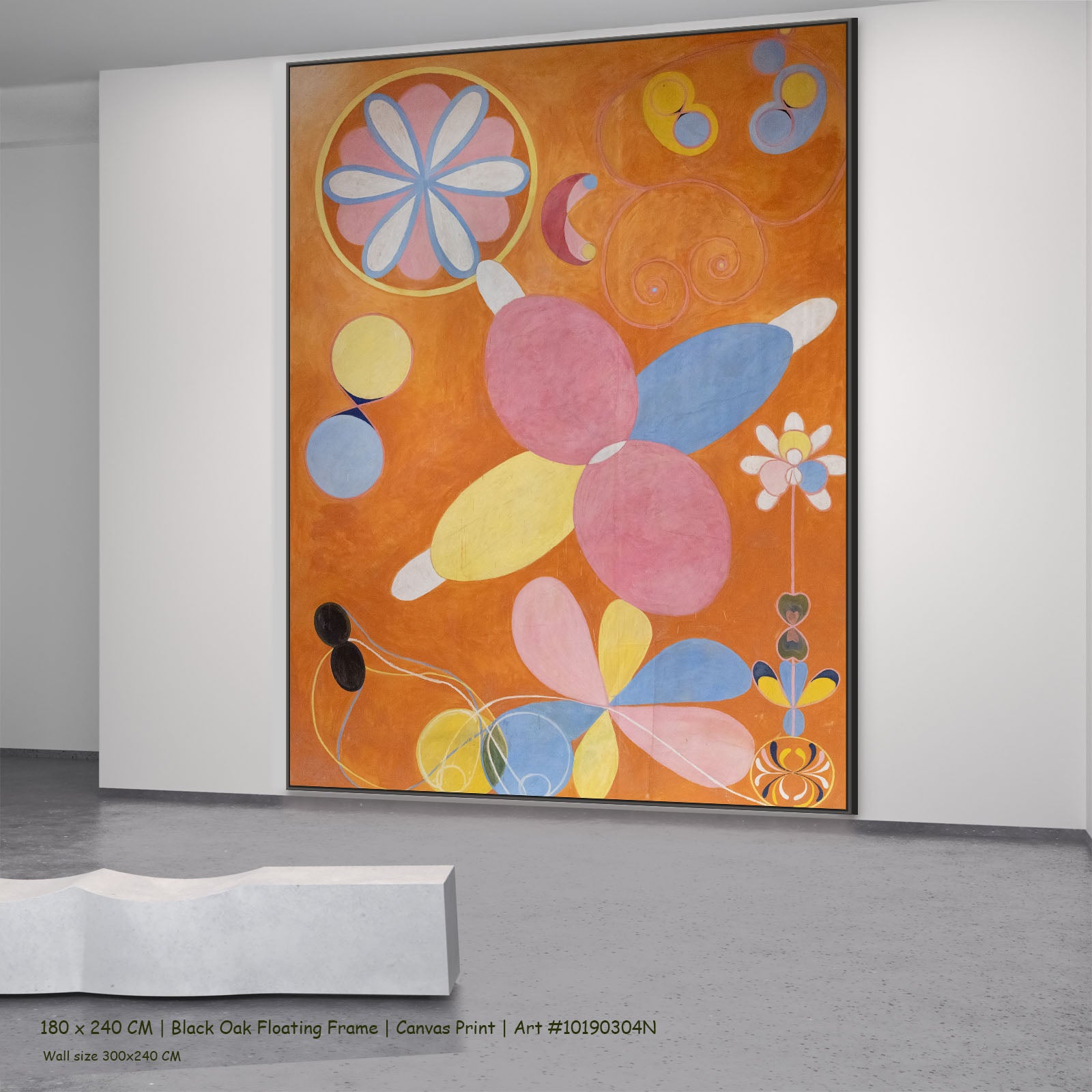 The Ten Largest, No. 4, Youth by Hilma af Klint in a black oak floating frame, large orange and pink Abstract canvas