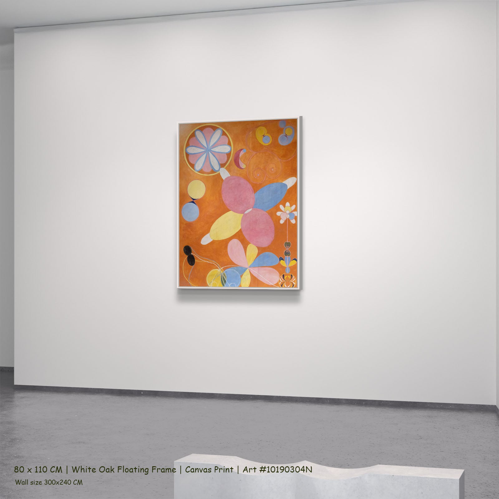 The Ten Largest, No. 4, Youth by Hilma af Klint in a white oak floating frame, large orange and pink Abstract canvas