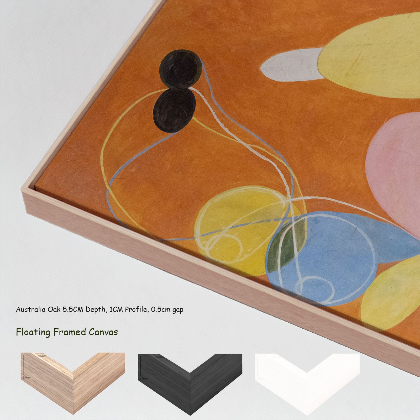 The Ten Largest, No. 4, Youth by Hilma af Klint in a floating frame, large orange and pink Abstract canvas print