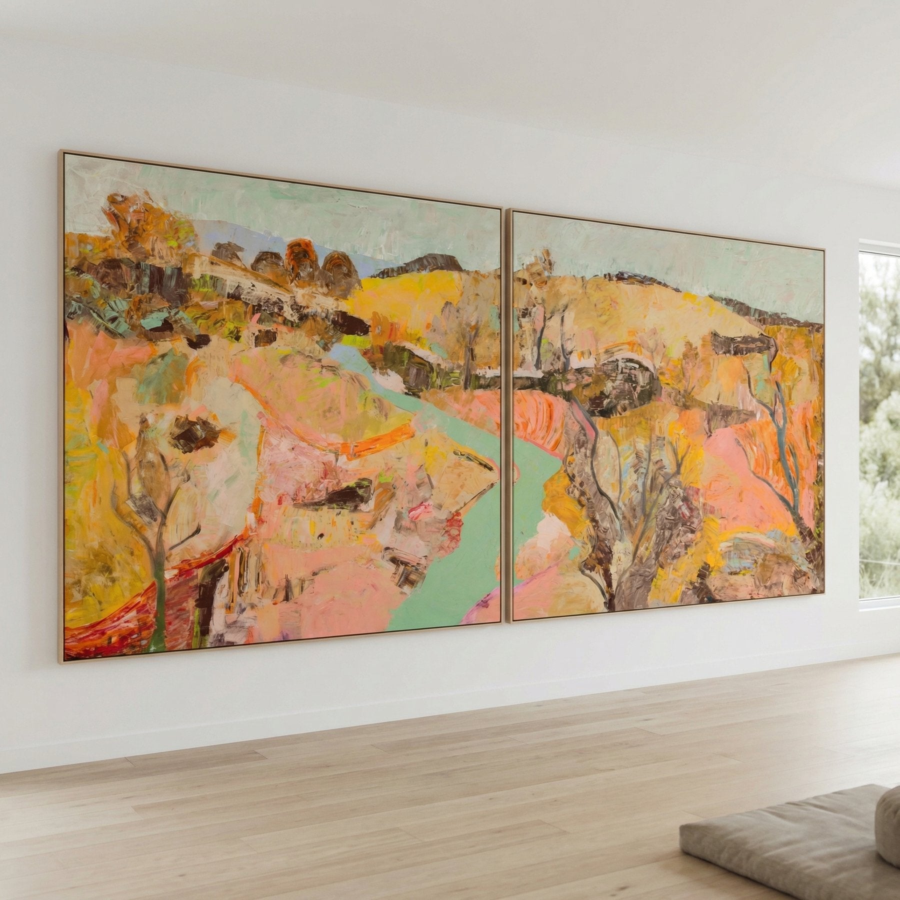 Albury Abstract Landscape canvas wall art framed and hung on a wall, 200 × 100 cm, by Summer Jiang