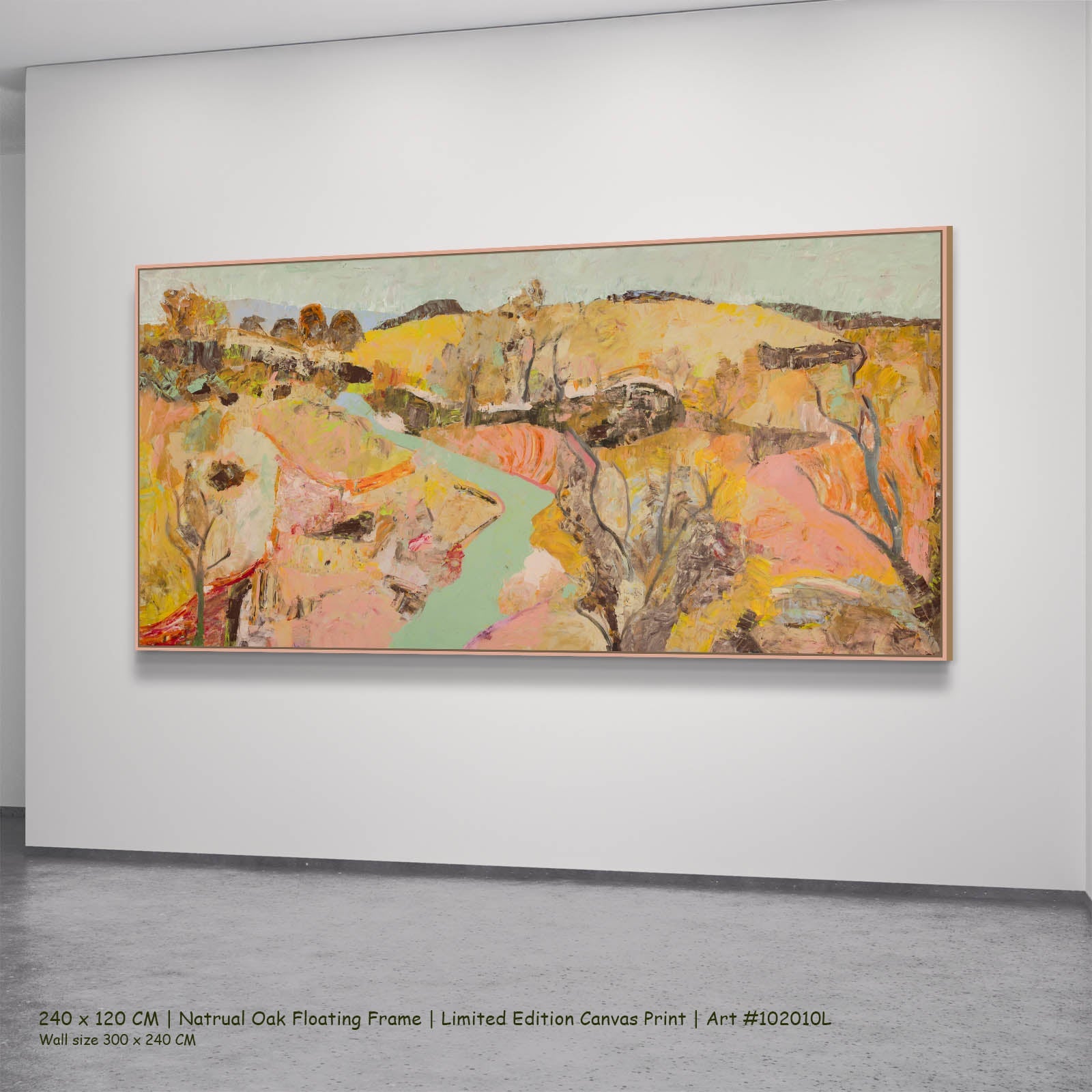Albury Abstract canvas wall art in a natural oak floating frame, 240 × 120 cm