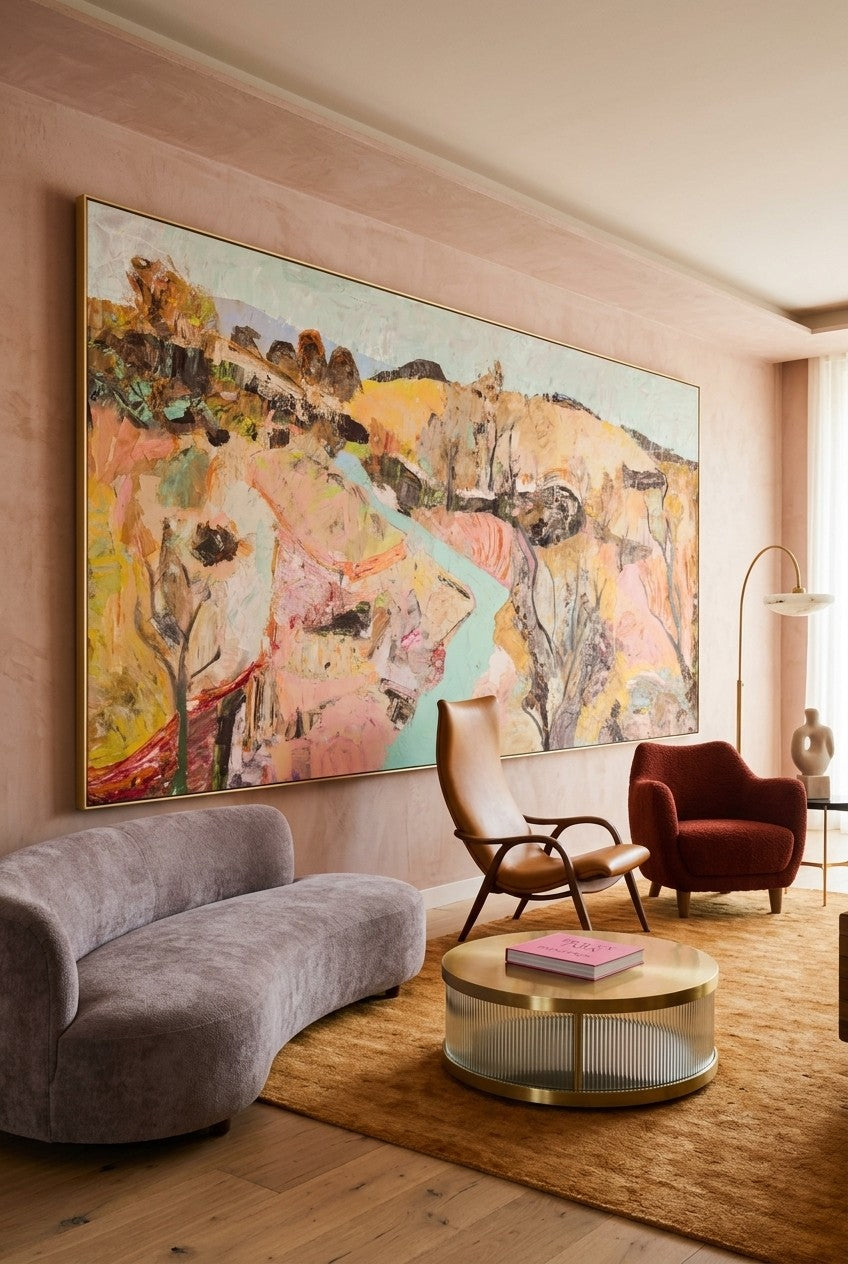 Albury by Summer Jiang — large gold and pink Landscape canvas art displayed on a wall