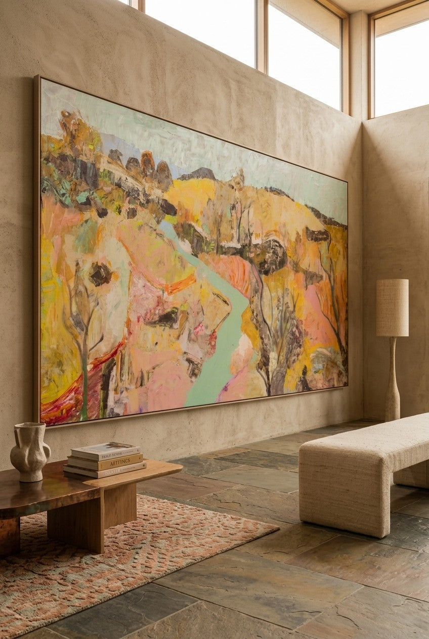 Albury by Summer Jiang — large gold and pink Landscape canvas art displayed on a wall