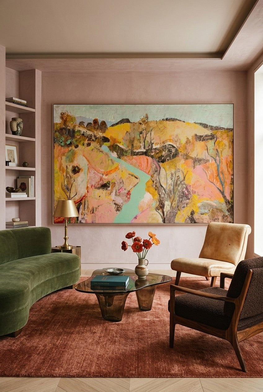 Albury by Summer Jiang — large gold and pink Landscape canvas art displayed on a wall