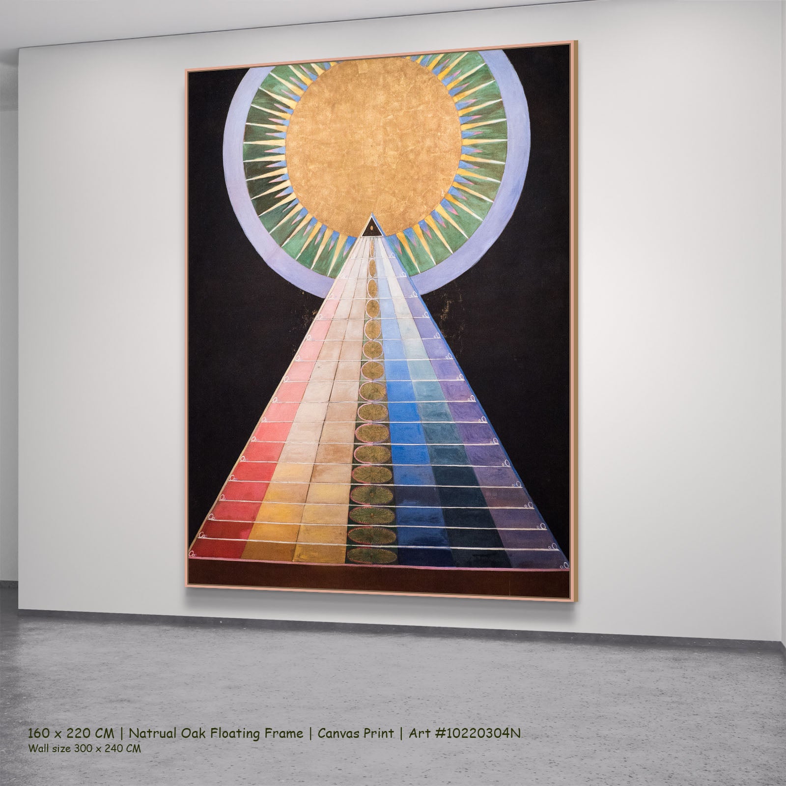 Altarpiece, No. 1, Group X by Hilma af Klint in a natural oak floating frame, large gold and red Abstract canvas