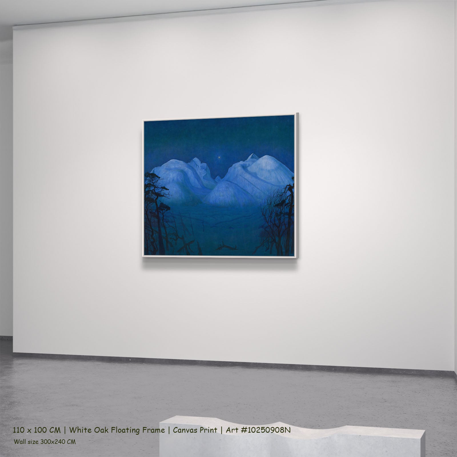 Winter Night in the Mountains by Harald Sohlberg in a white oak floating frame, large blue and light blue Landscape canvas