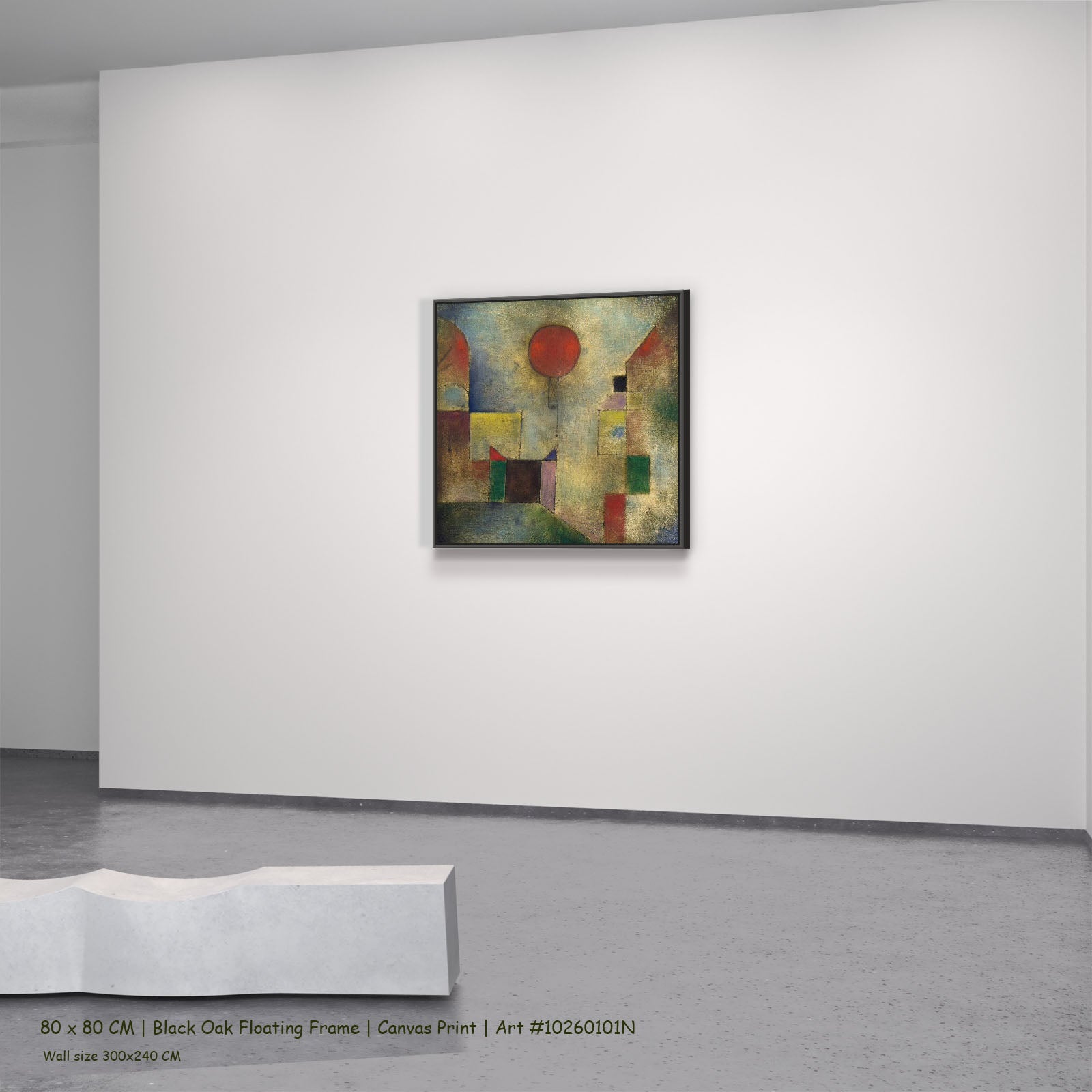 Red Balloon by Paul Klee in a black oak floating frame, large olive and grey Expressionist Abstract canvas