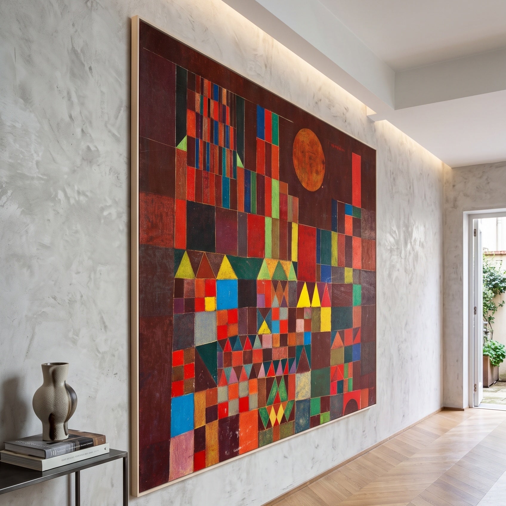 Castle and Sun by Paul Klee — large red and brown Geometric Abstract canvas art displayed on a wall
