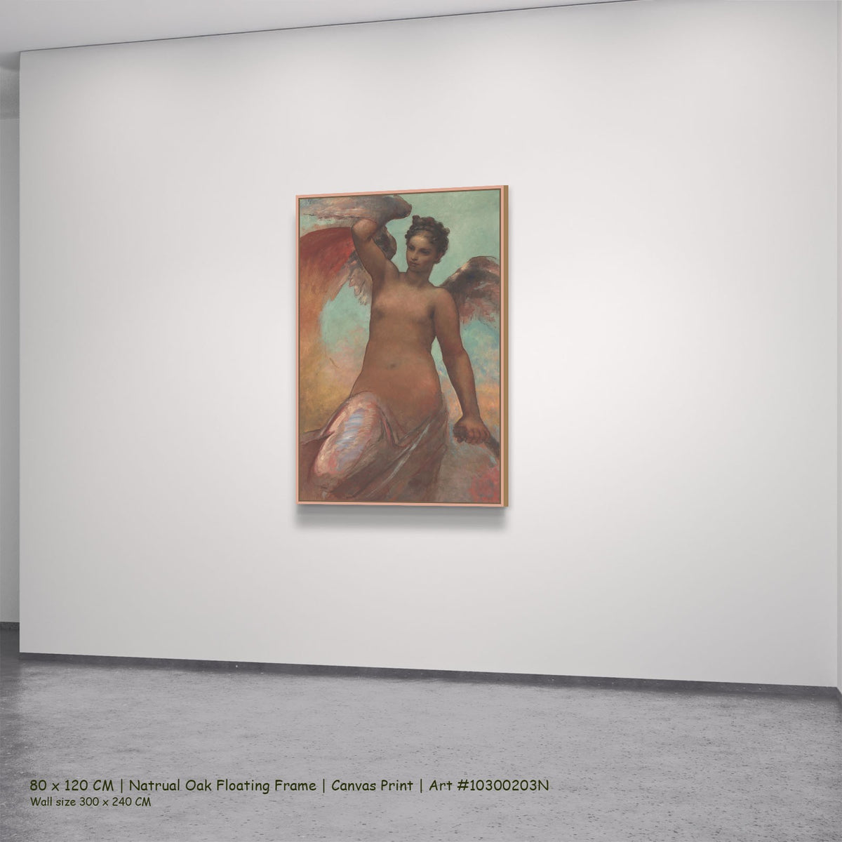 Winged Fortune by William Morris in a natural oak floating frame, large brown and aqua Symbolist canvas