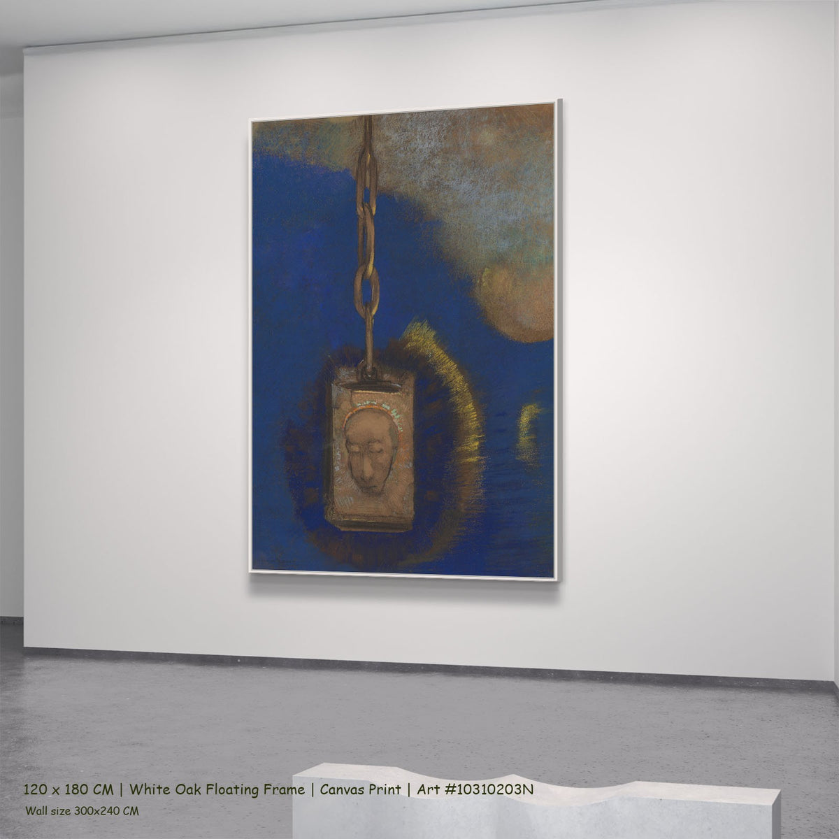The Beacon by Odilon Redon in a white oak floating frame, large blue and brown Symbolist canvas