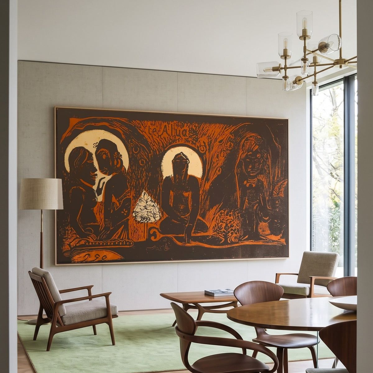 Te atua, from the Noa Noa by Paul Gauguin — large brown and orange Symbolist canvas art displayed on a wall