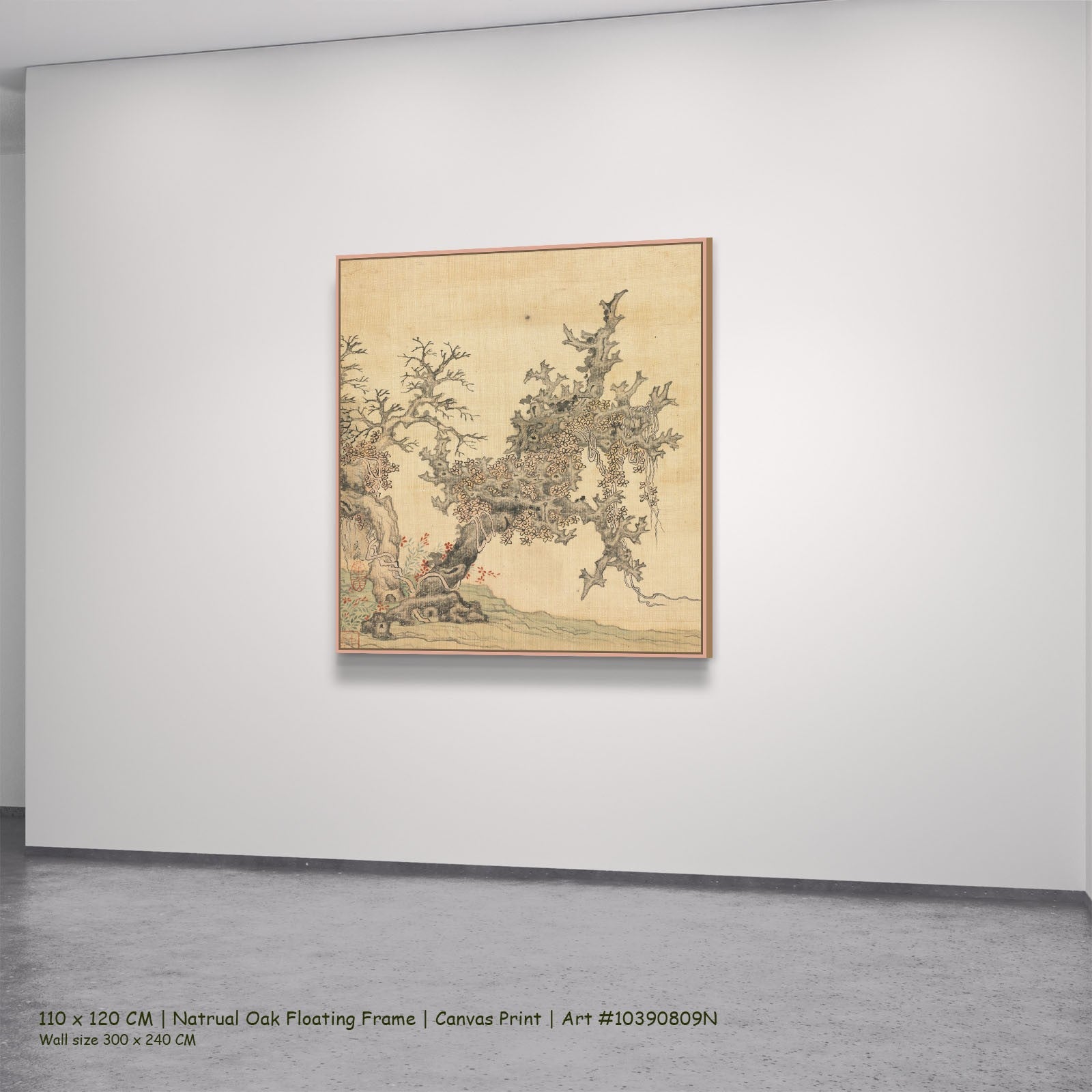 An Ancient Tree by Chen Hongshou in a natural oak floating frame, large gold and grey Landscape canvas