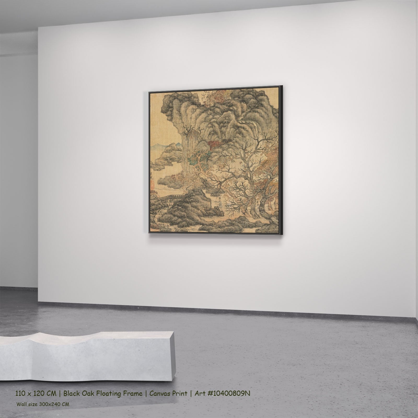 Travelers in an Autumn Landscape by Chen Hongshou in a black oak floating frame, large gold and grey Landscape canvas