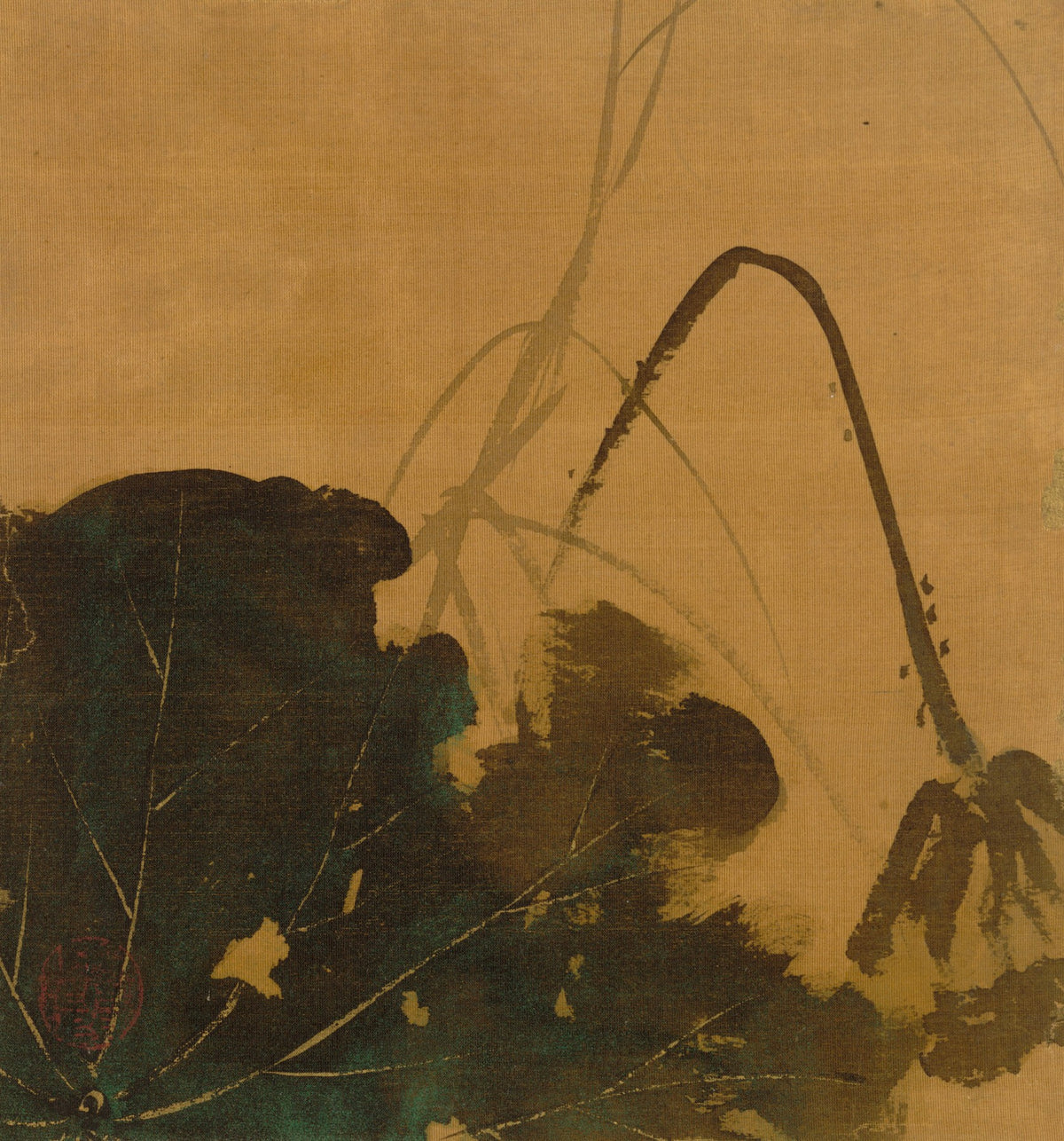 Large gold and green Botanical canvas print of Lotus from Album of Paintings by by Shibata Zeshin