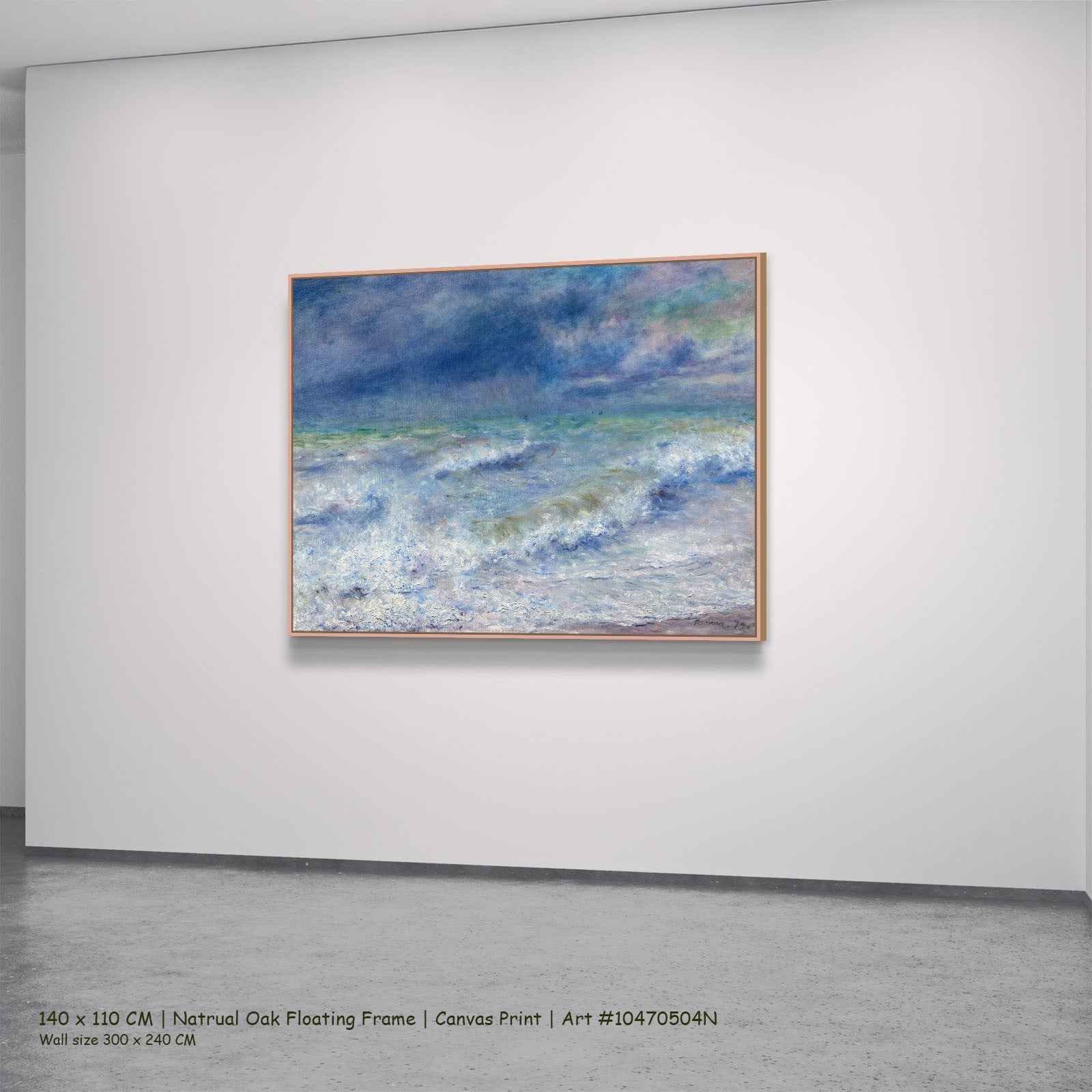 Seascape by Pierre-Auguste Renoir in a natural oak floating frame, large blue and white Impressionist canvas