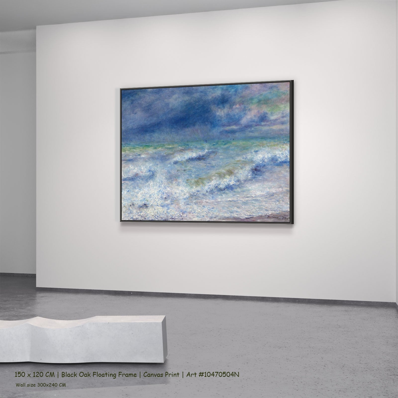 Seascape by Pierre-Auguste Renoir in a black oak floating frame, large blue and white Impressionist canvas