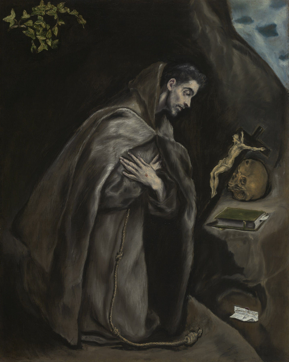 Large brown and grey Renaissance canvas print of Saint Francis Kneeling in Meditation by El Greco
