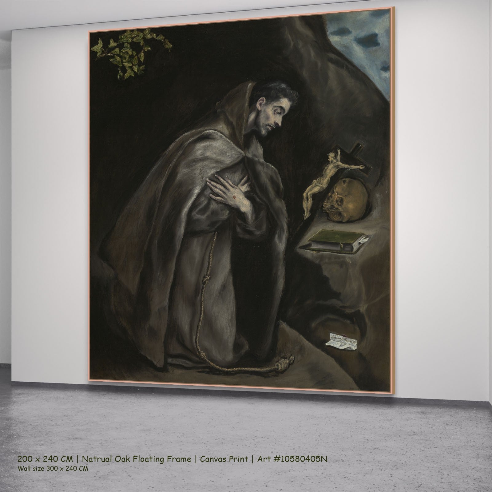 Saint Francis Kneeling in Meditation by El Greco in a natural oak floating frame, large brown and grey Renaissance canvas