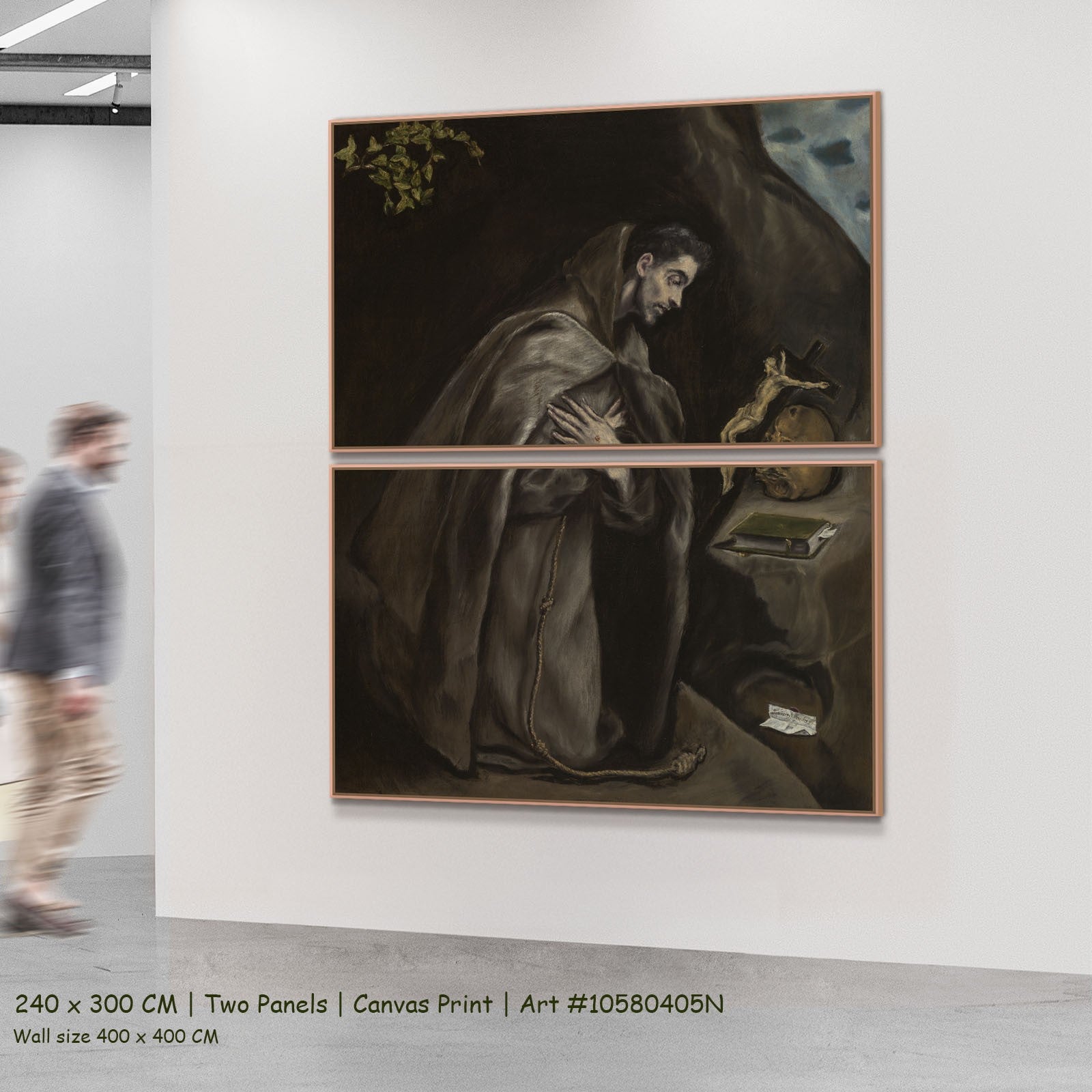 Saint Francis Kneeling in Meditation by El Greco as a large two-panel brown and grey Renaissance canvas set