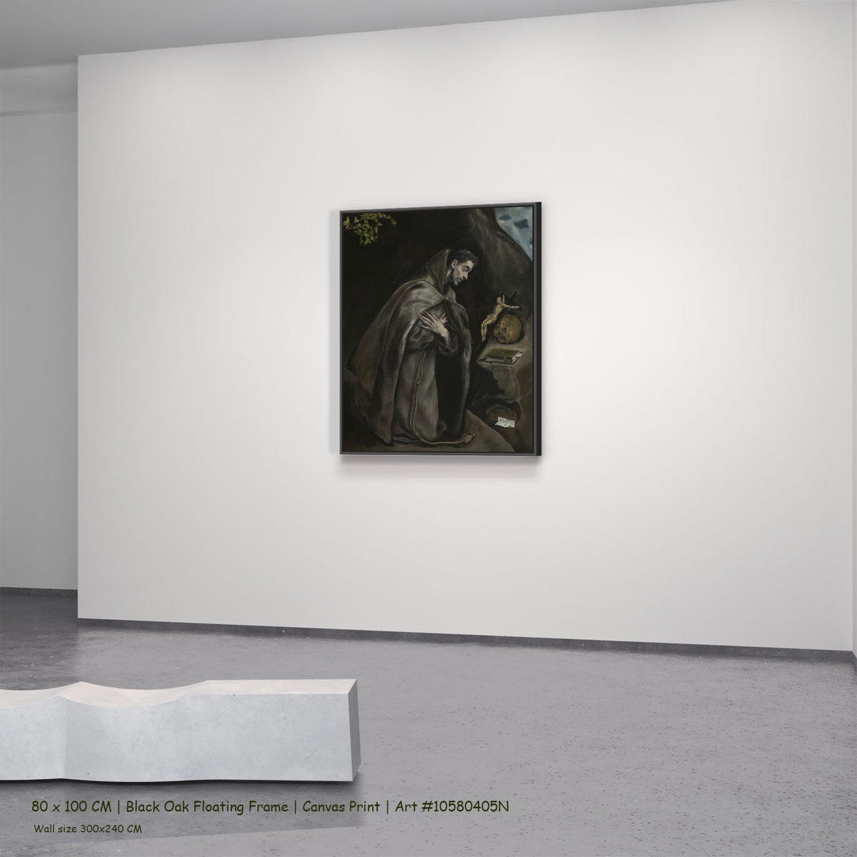 Saint Francis Kneeling in Meditation by El Greco in a black oak floating frame, large brown and grey Renaissance canvas