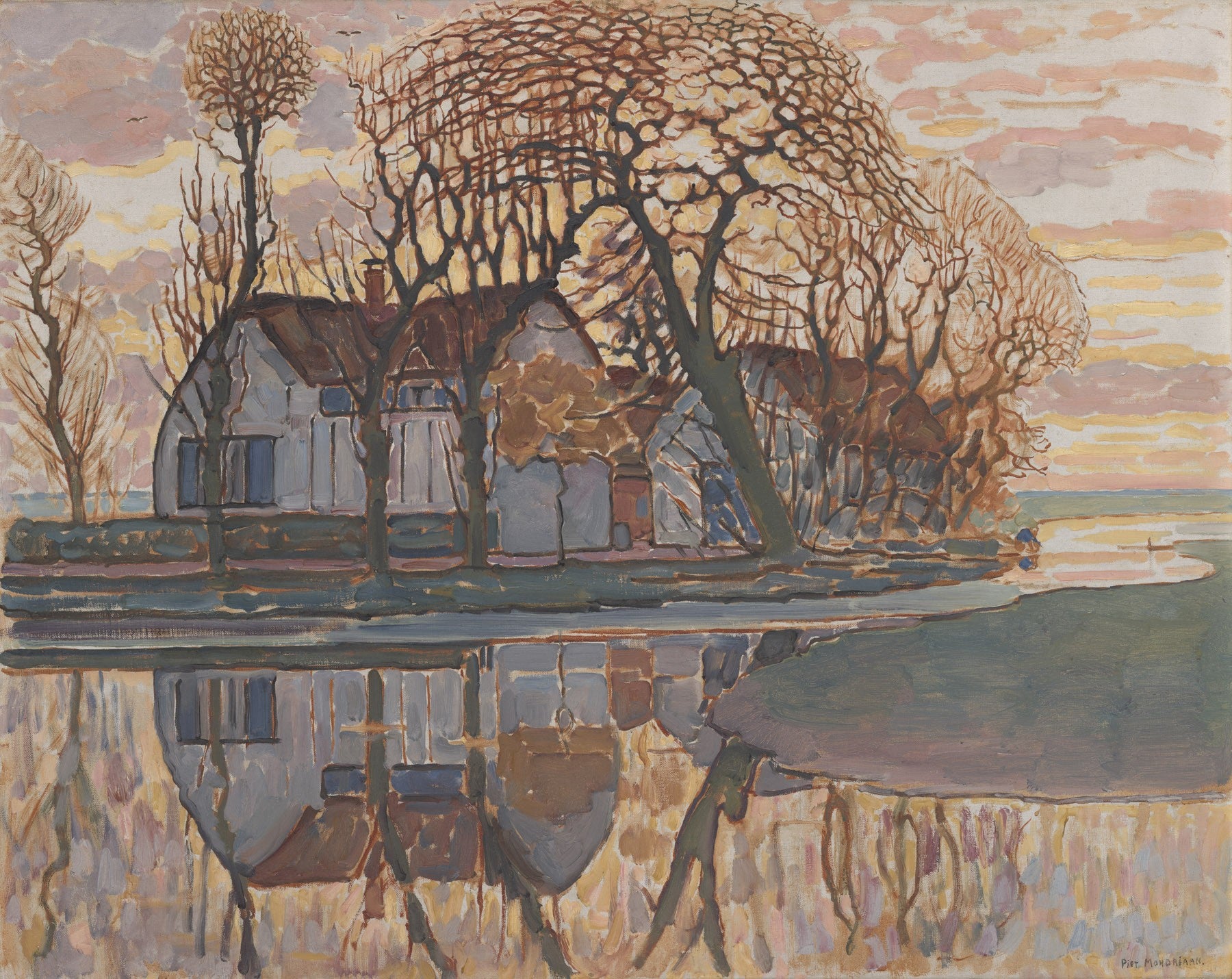 Large pink and brown Abstract canvas print of Farm near Duivendrecht by Piet Mondrian