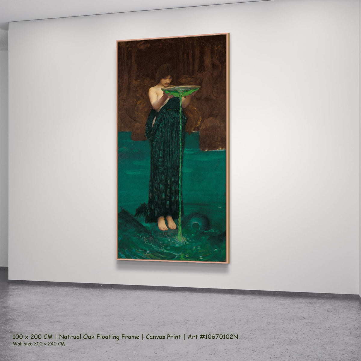 Circe Invidiosa by John William Waterhouse in a natural oak floating frame, large aqua and green Pre-Raphaelite canvas