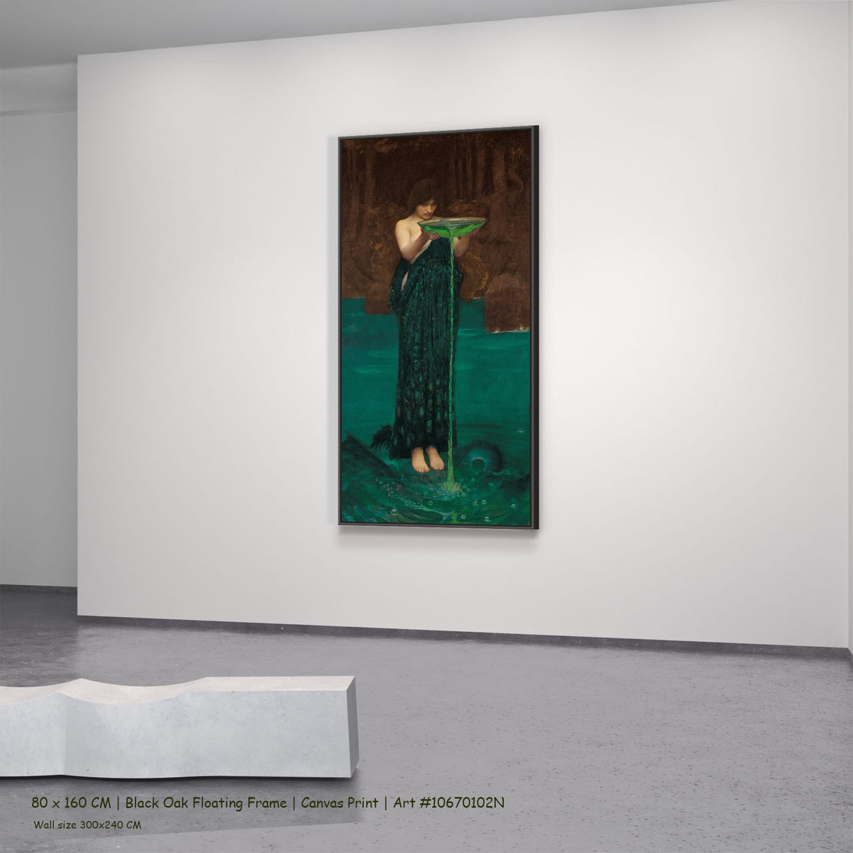 Circe Invidiosa by John William Waterhouse in a black oak floating frame, large aqua and green Pre-Raphaelite canvas
