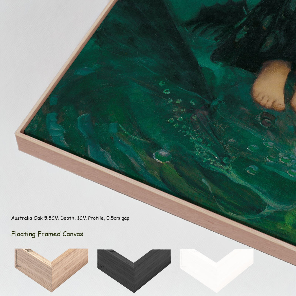 Circe Invidiosa by John William Waterhouse in a floating frame, large aqua and green Pre-Raphaelite canvas print