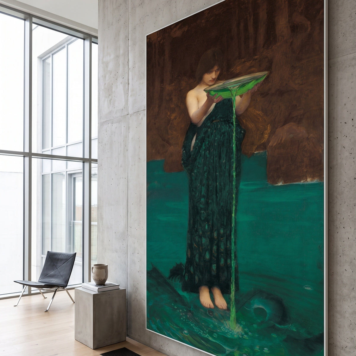 Circe Invidiosa by John William Waterhouse — large aqua and green Pre-Raphaelite canvas art on a hallway wall