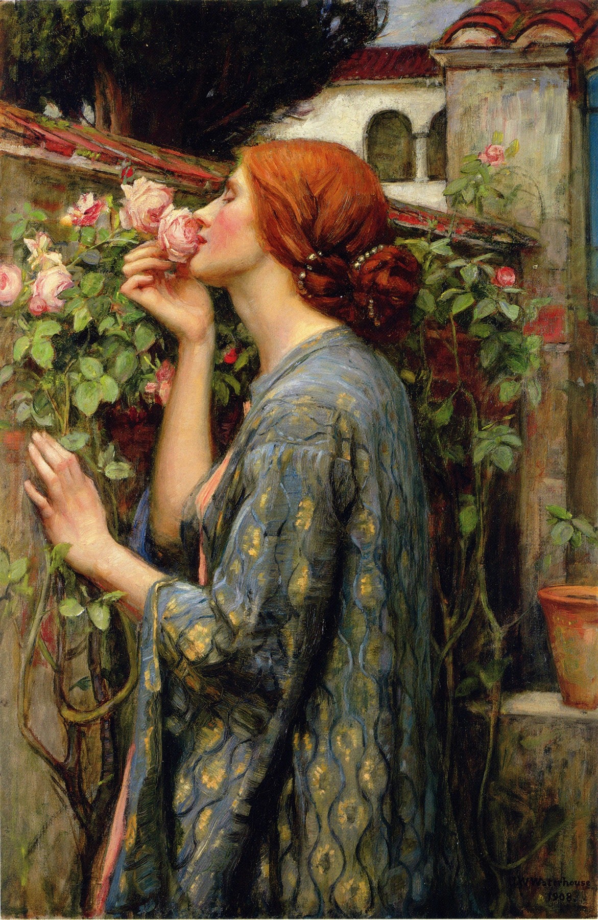 Large blue and green Pre-Raphaelite canvas print of The Soul of the Rose by John William Waterhouse