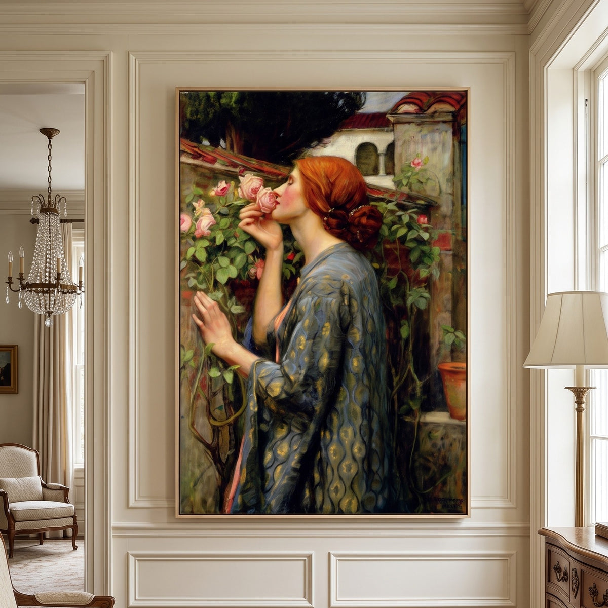 The Soul of the Rose by John William Waterhouse — large blue and green Pre-Raphaelite canvas art displayed on a wall