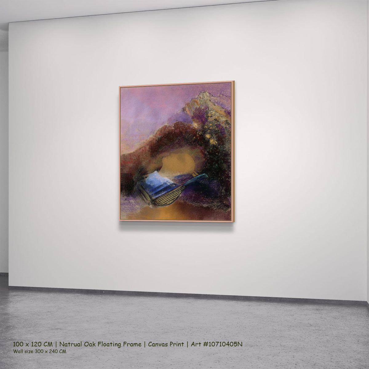 Orpheus by Odilon Redon in a natural oak floating frame, large purple and brown Symbolist canvas