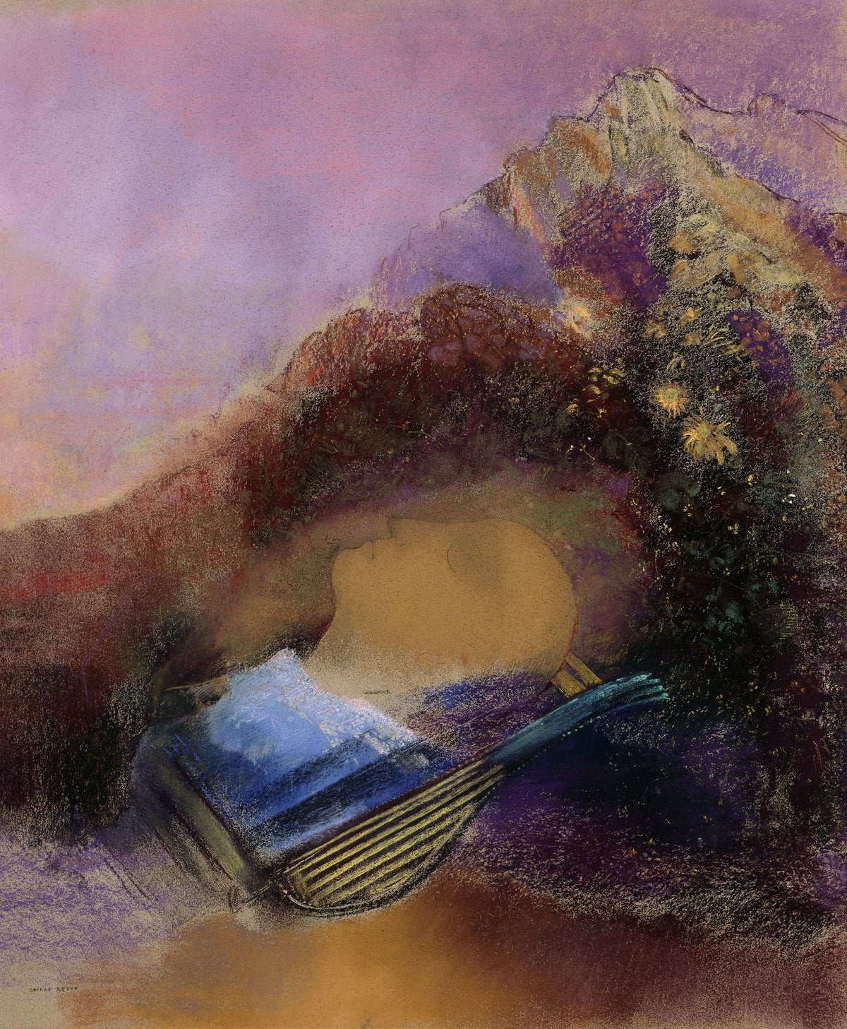 Large purple and brown Symbolist canvas print of Orpheus by Odilon Redon