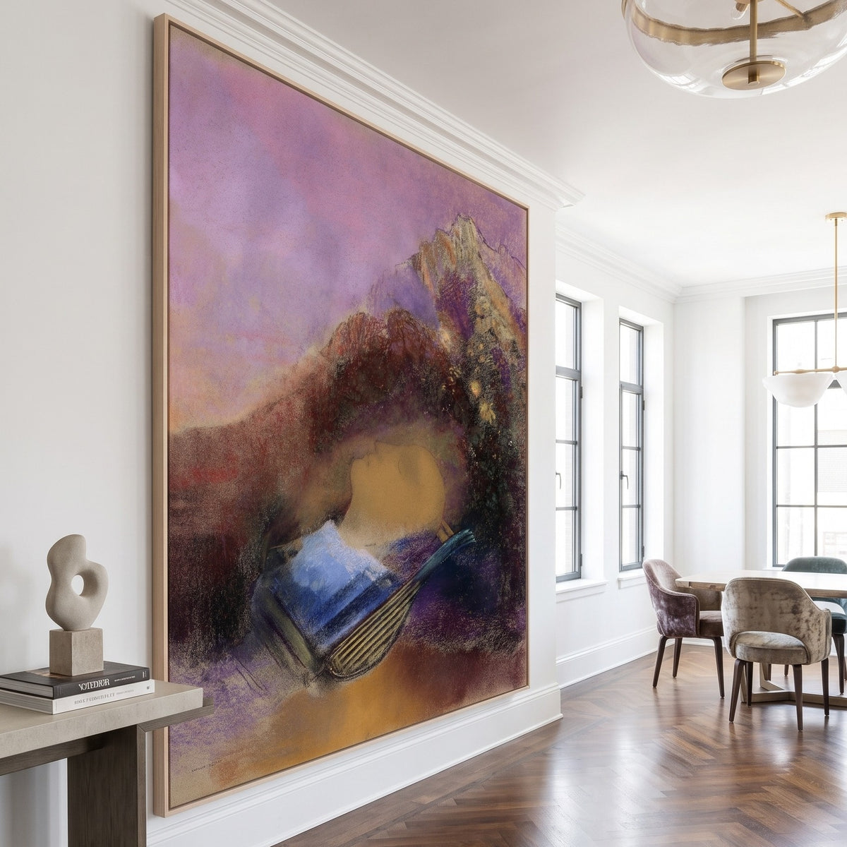 Orpheus by Odilon Redon — large purple and brown Symbolist canvas art on a hallway wall