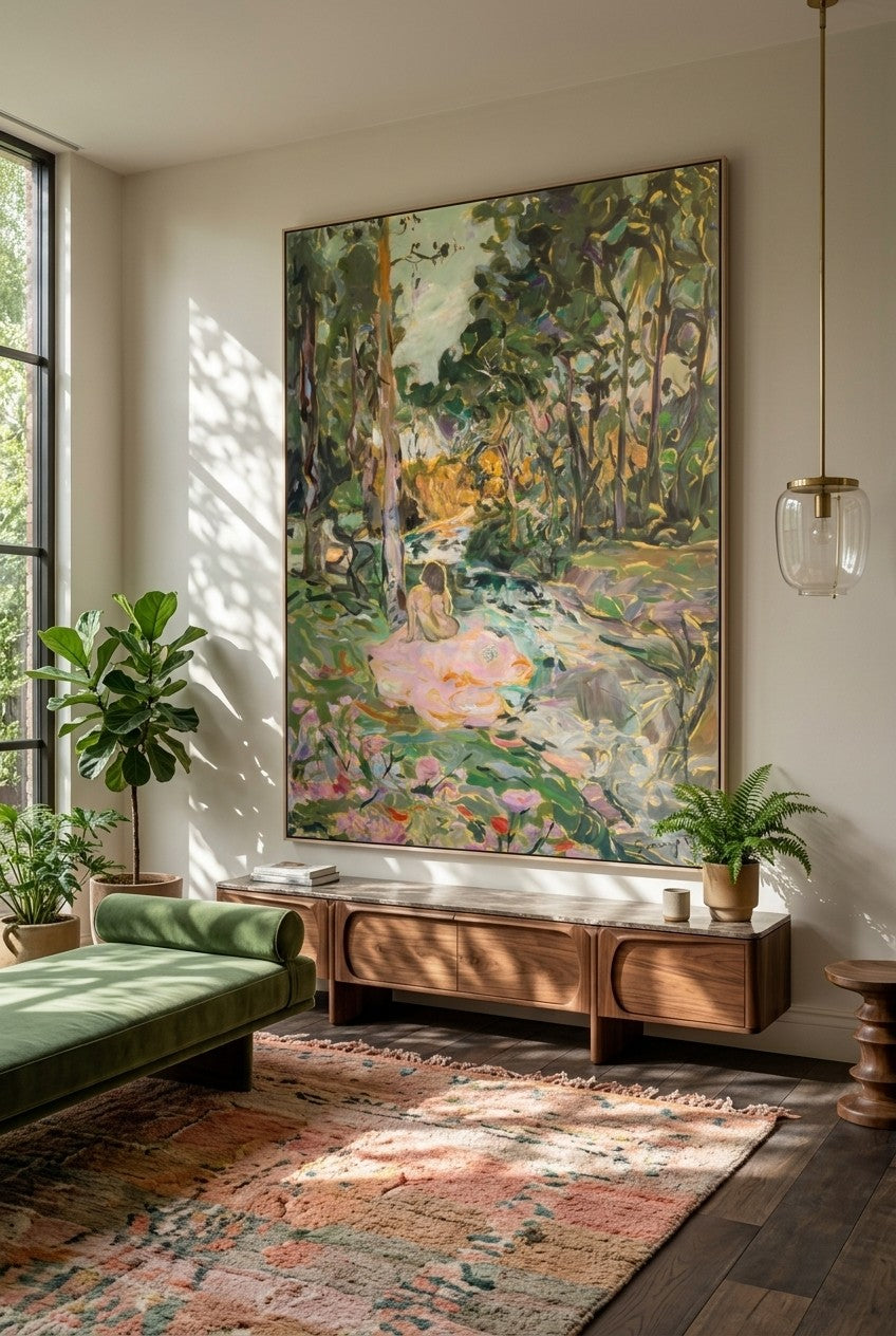 Stay by Summer Jiang — large green and pink canvas art displayed on a wall