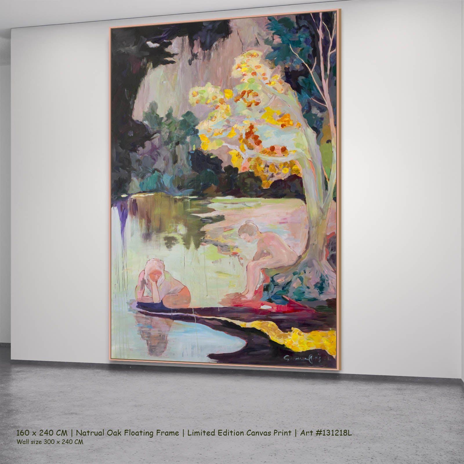 Soundless Abstract canvas wall art in a natural oak floating frame, 160 × 240 cm