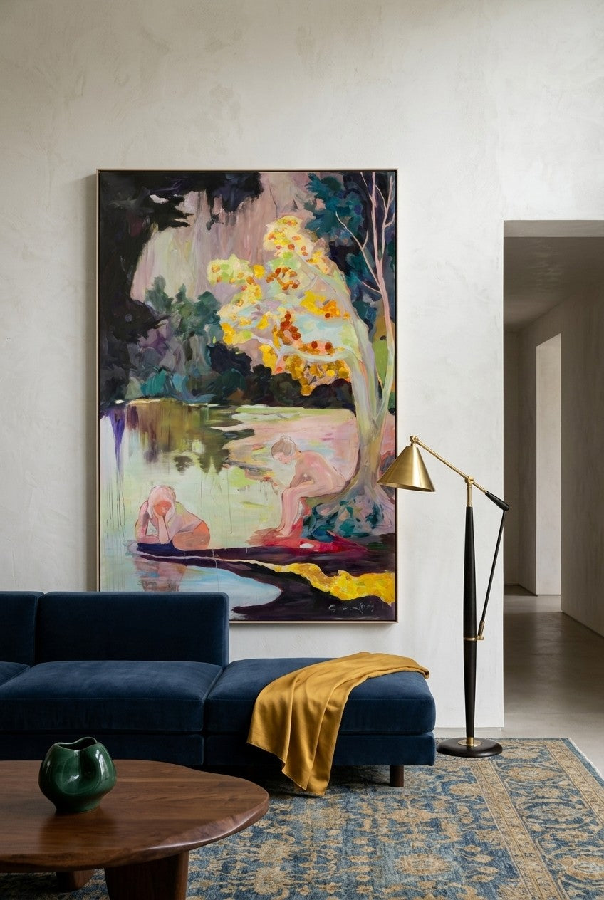 Soundless by Summer Jiang — large yellow and pink Abstract canvas art displayed on a wall