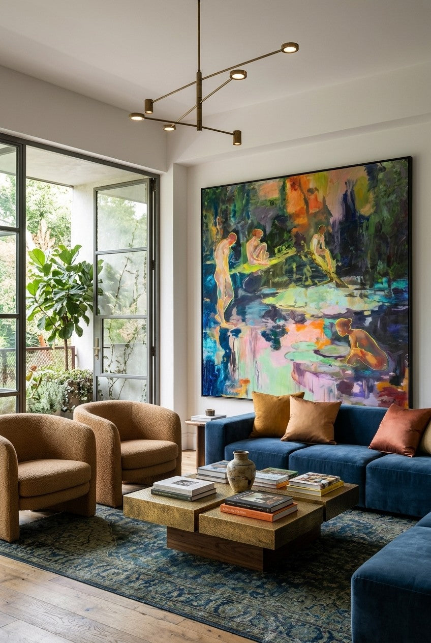 We Exist by Summer Jiang — large green and blue Modern canvas art displayed on a wall