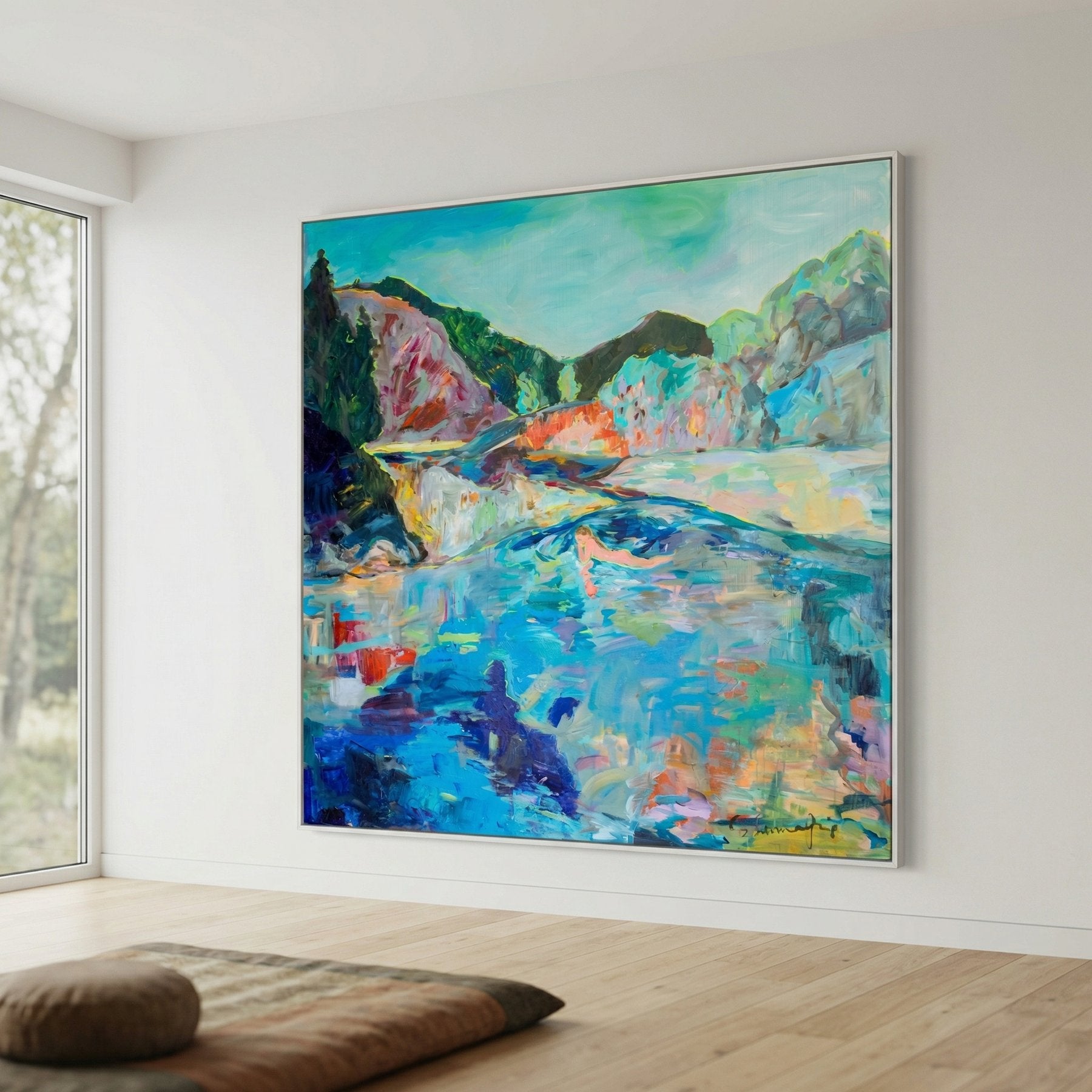 River Washes Me Abstract canvas wall art framed and hung on a wall, 120 × 120 cm, by Summer Jiang