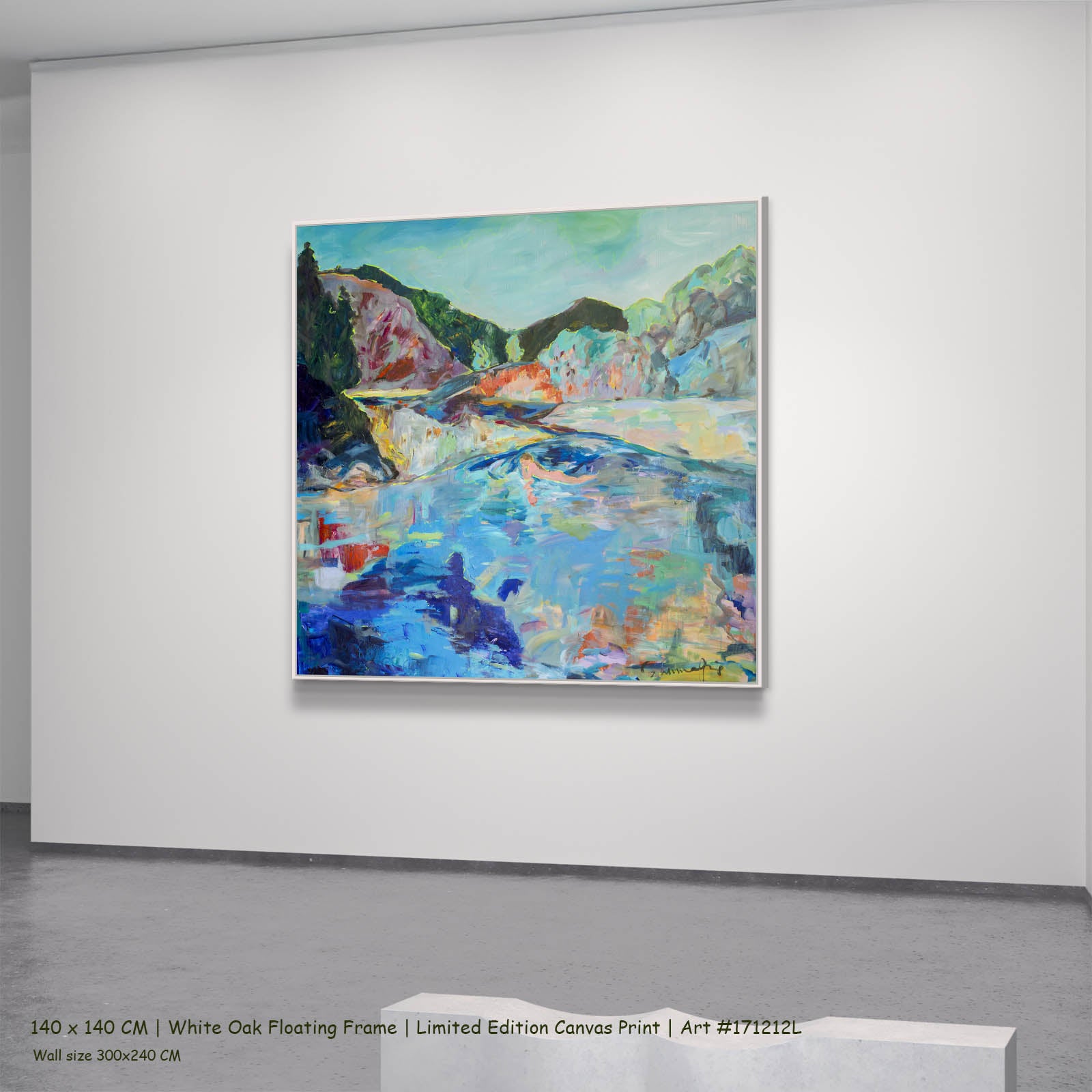 River Washes Me Abstract canvas wall art in a white oak floating frame, 140 × 140 cm