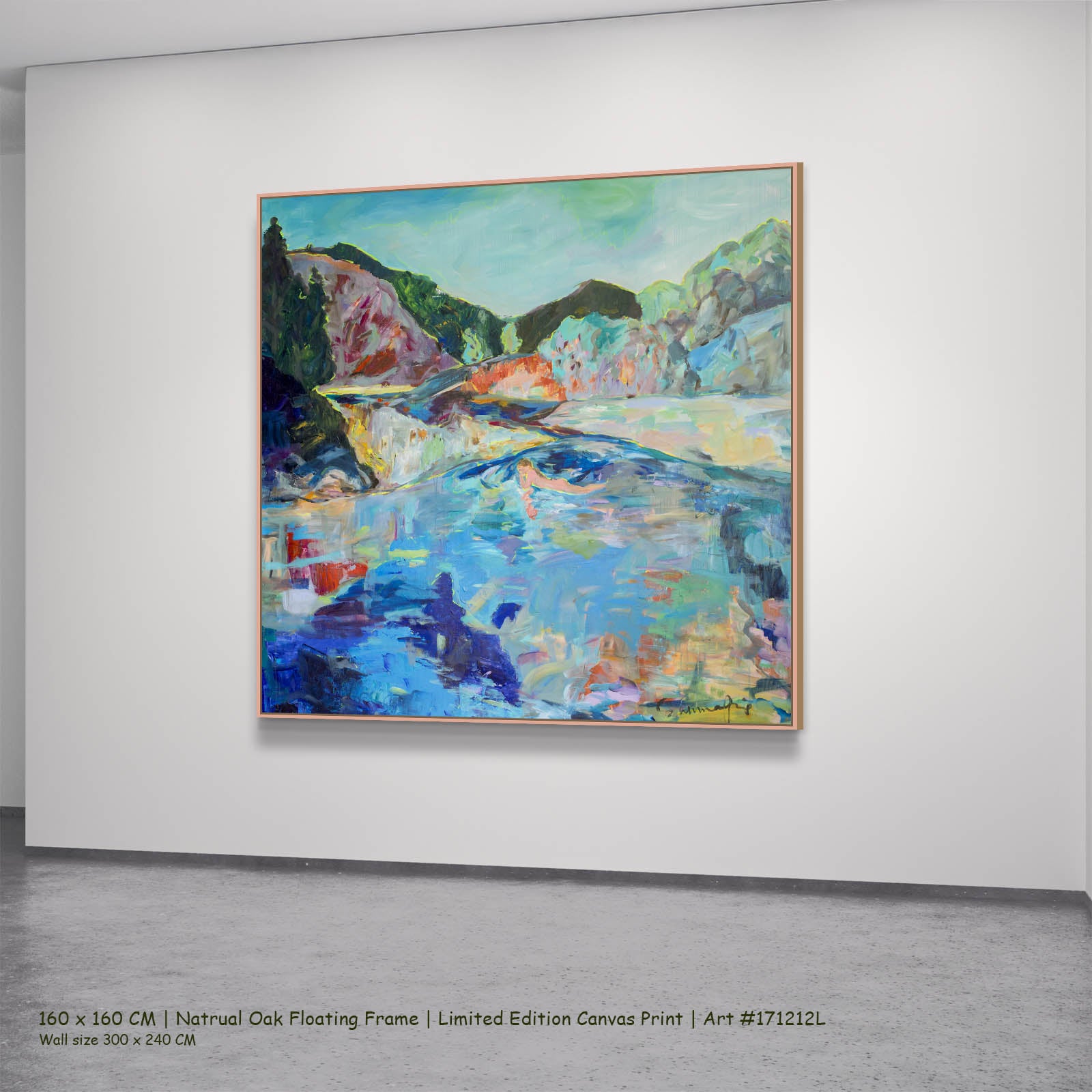 River Washes Me Abstract canvas wall art in a natural oak floating frame, 160 × 160 cm