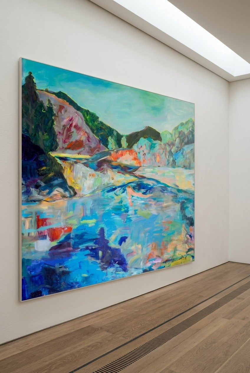 River Washes Me by Summer Jiang — large blue and pink Abstract canvas art displayed on a wall