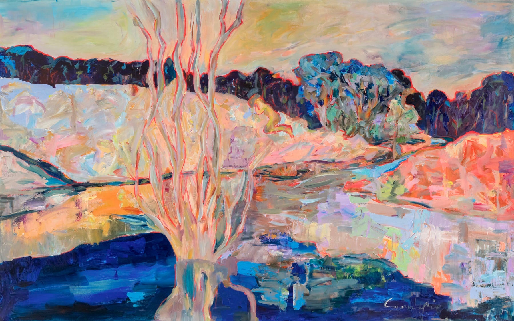 The Pause — blue pink orange Large Modern Landscape canvas wall art by Summer Jiang