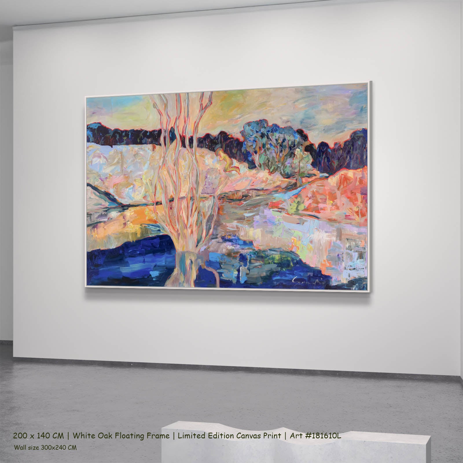 The Pause Modern canvas wall art in a white oak floating frame, 200 × 140 cm