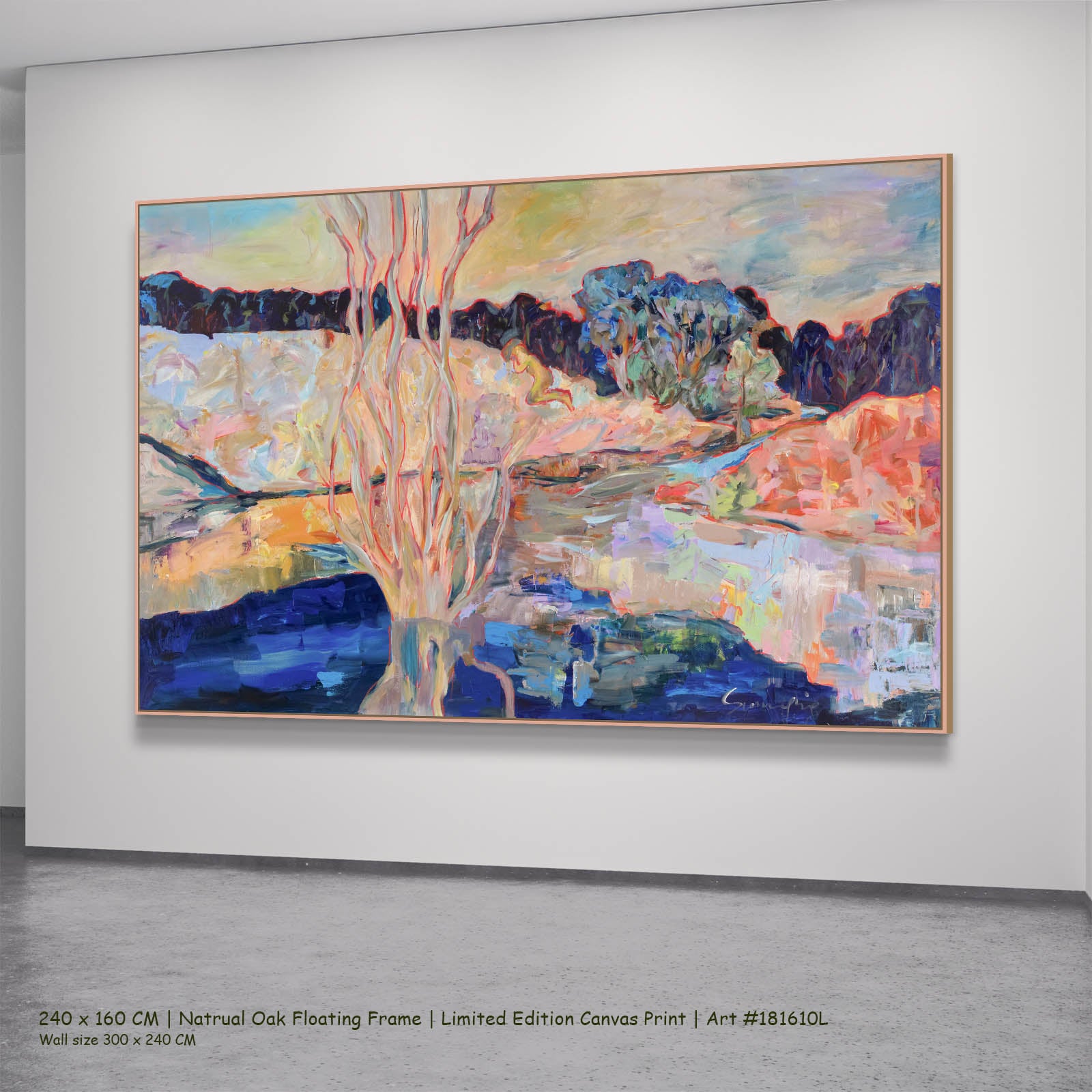 The Pause Modern canvas wall art in a natural oak floating frame, 240 × 160 cm