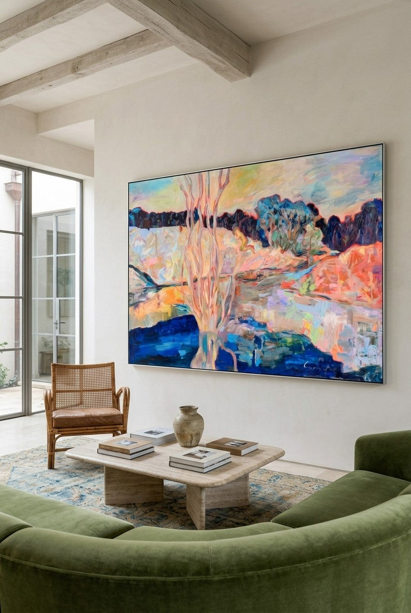 The Pause by Summer Jiang — large blue and pink Landscape canvas art displayed on a wall