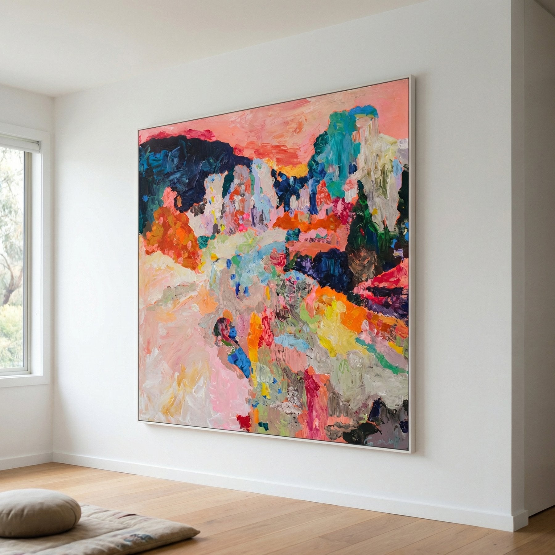 Far from Home Abstract Landscape canvas wall art framed and hung on a wall, 100 × 100 cm, by Summer Jiang