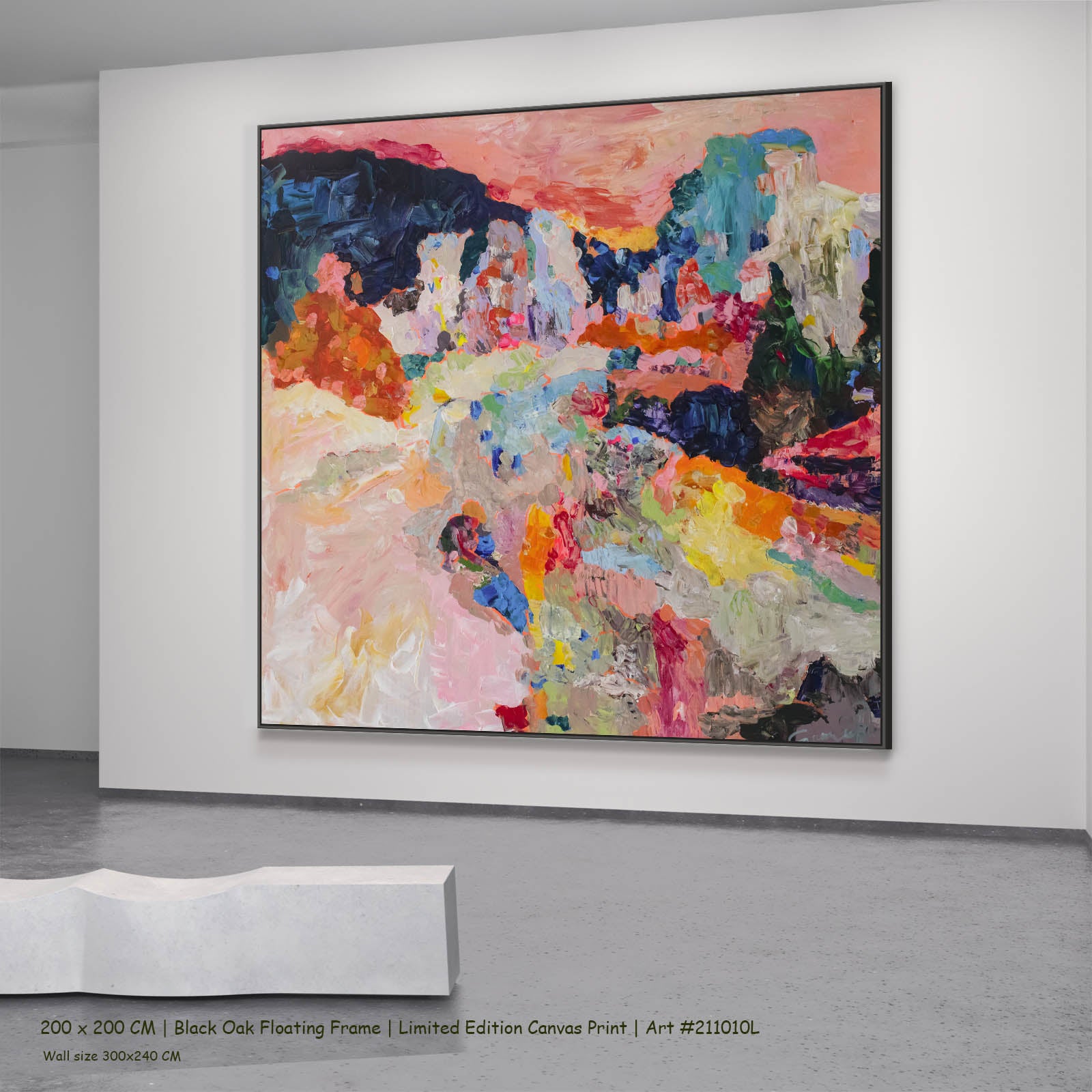 Far from Home Abstract canvas wall art in a black oak floating frame, 200 × 200 cm