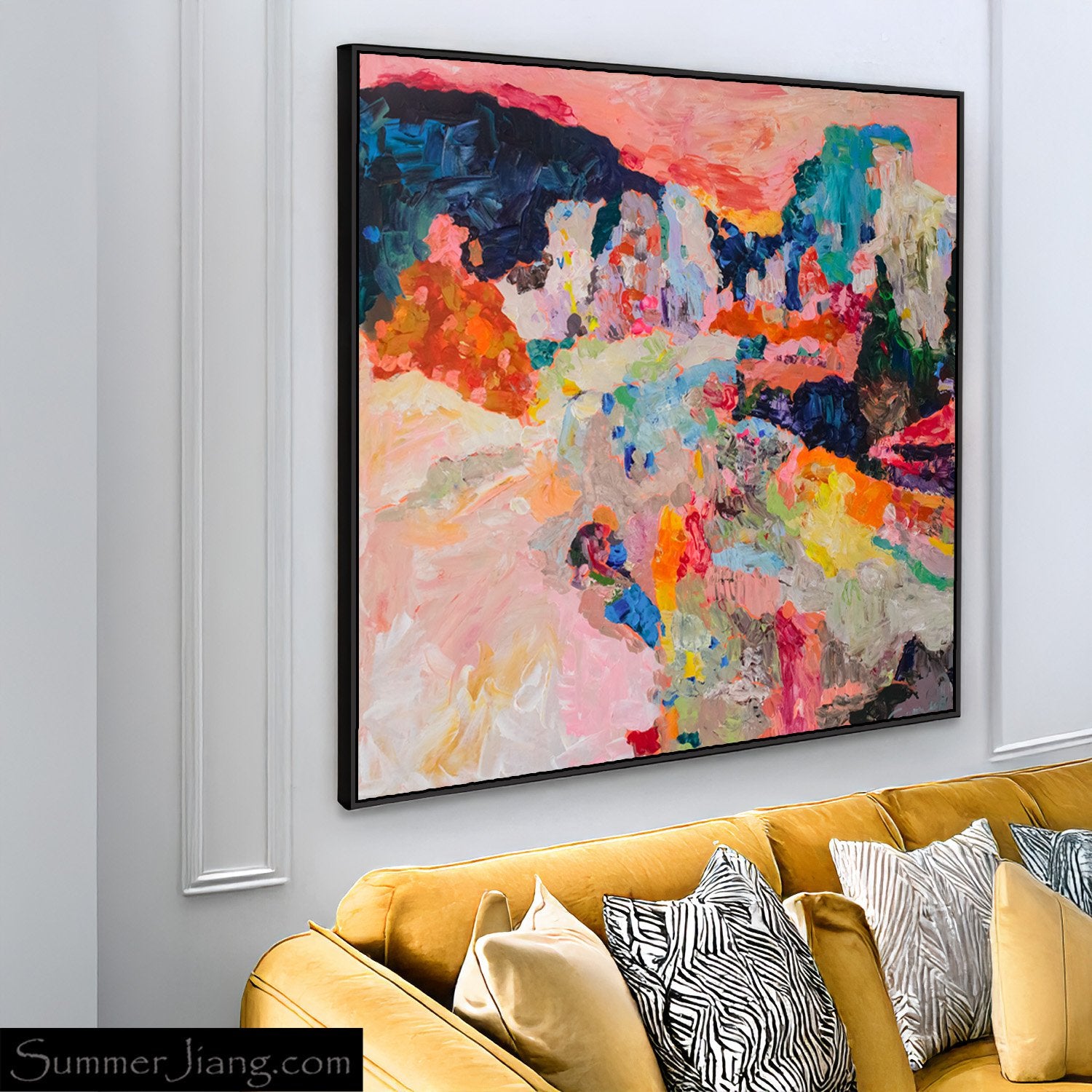 Far from Home Extra Large Abstract canvas wall art styled in a room setting by Summer Jiang
